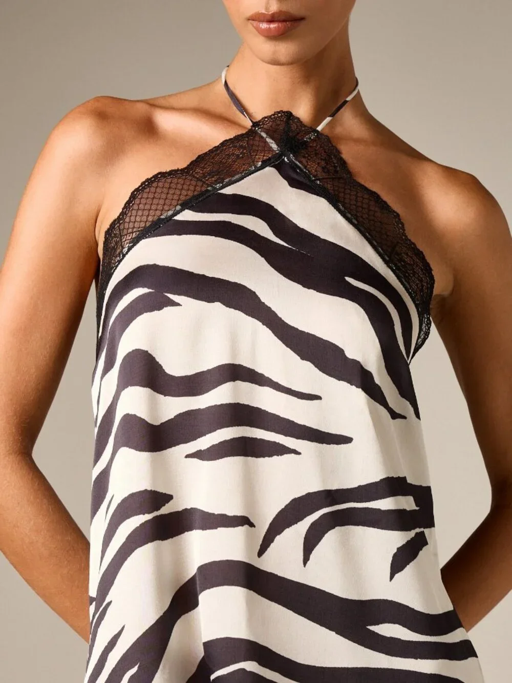 Multicolor Sexy Women's Zebra Print Halter Neck Mini Slip Dress - Picture 2 of 5